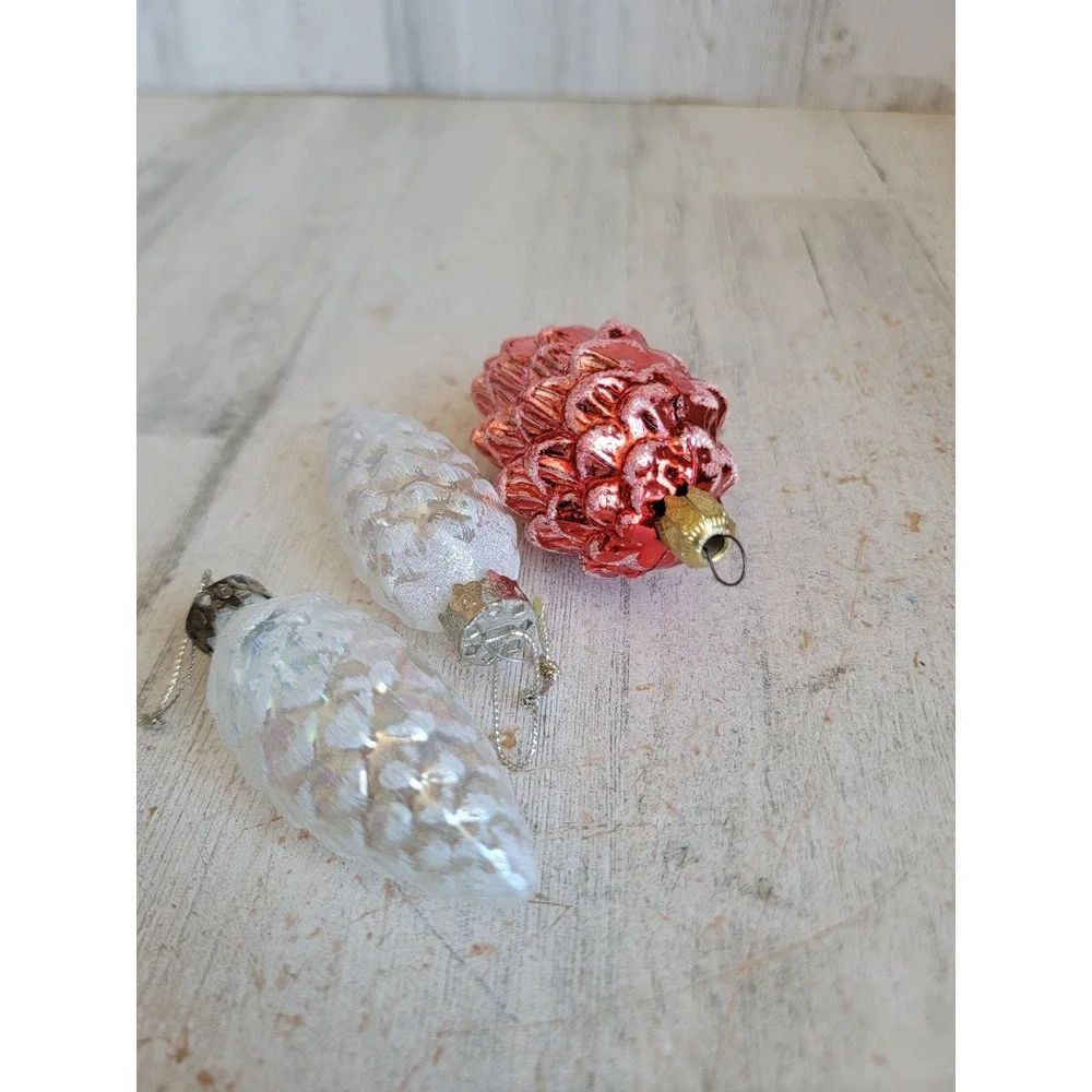 Vintage glass white clear red pinecone glitter ornament Xmas set mini home fall